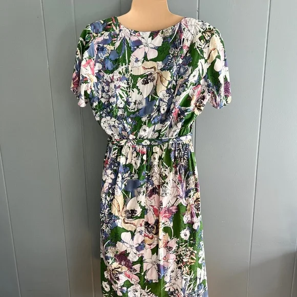 Floral Wrap Midi Dress‎ Green Short Sleeve V-Neck Boho Garden Party Casual Small - Picture 5 of 8